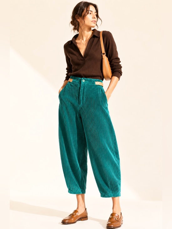 Vintage Pants - Vintage 70s Emerald Teal Corduroy Barrel Pants Leather Side Tabs Archive Size 10